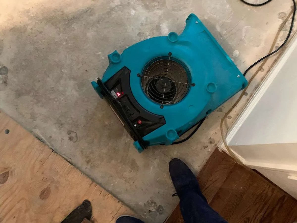 Air mover drying subfloor during Commercial Water Damage Restoration in Dundalk